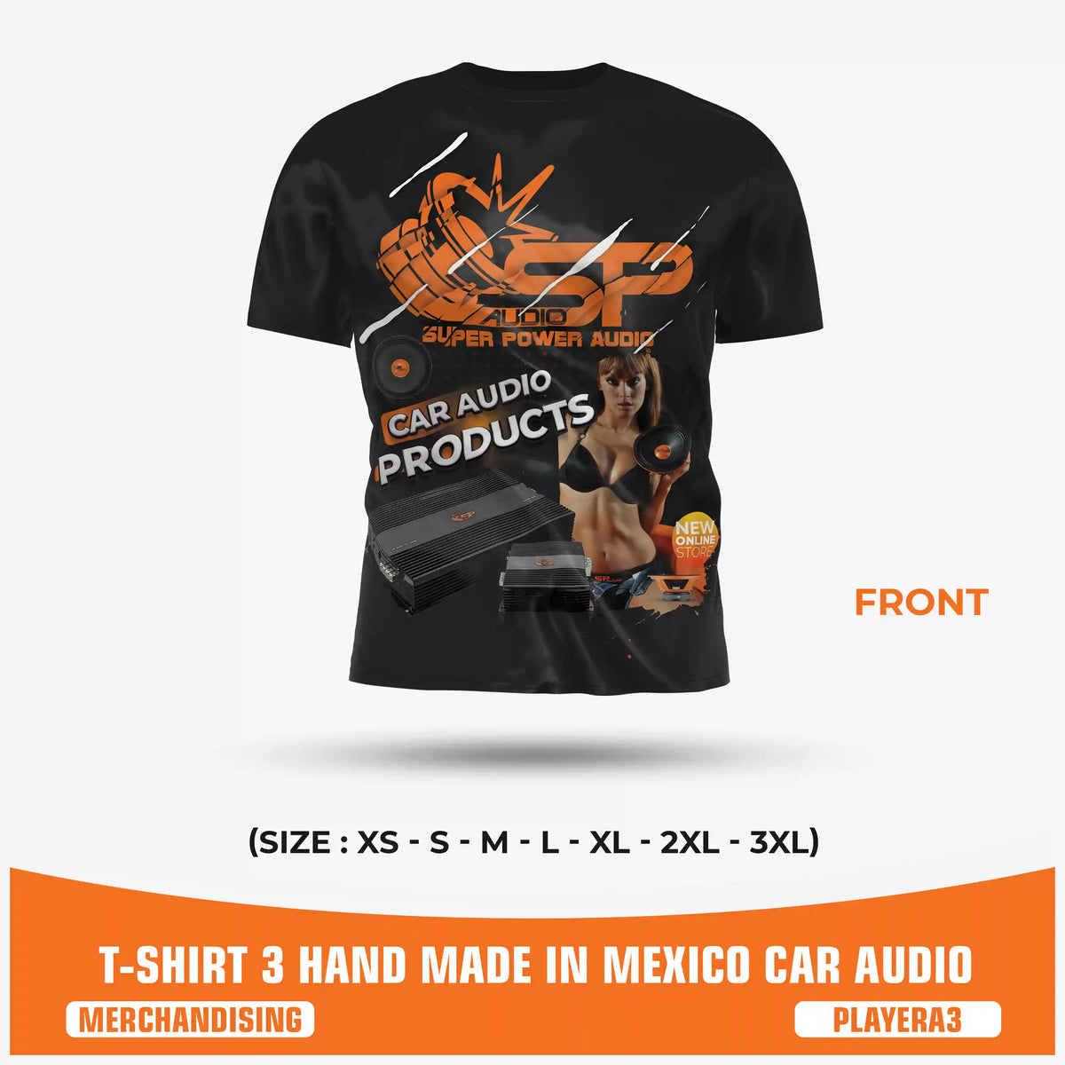 SPAUDIO T-SHIRT 3 เสื้อยืดเครื่องเสียงรถยนต์สีดำ พิมพ์ลายทั้งตัวลายซับวูฟเฟอร์ "Pump Up The Sound" – SP Audio – ด้านหน้า
