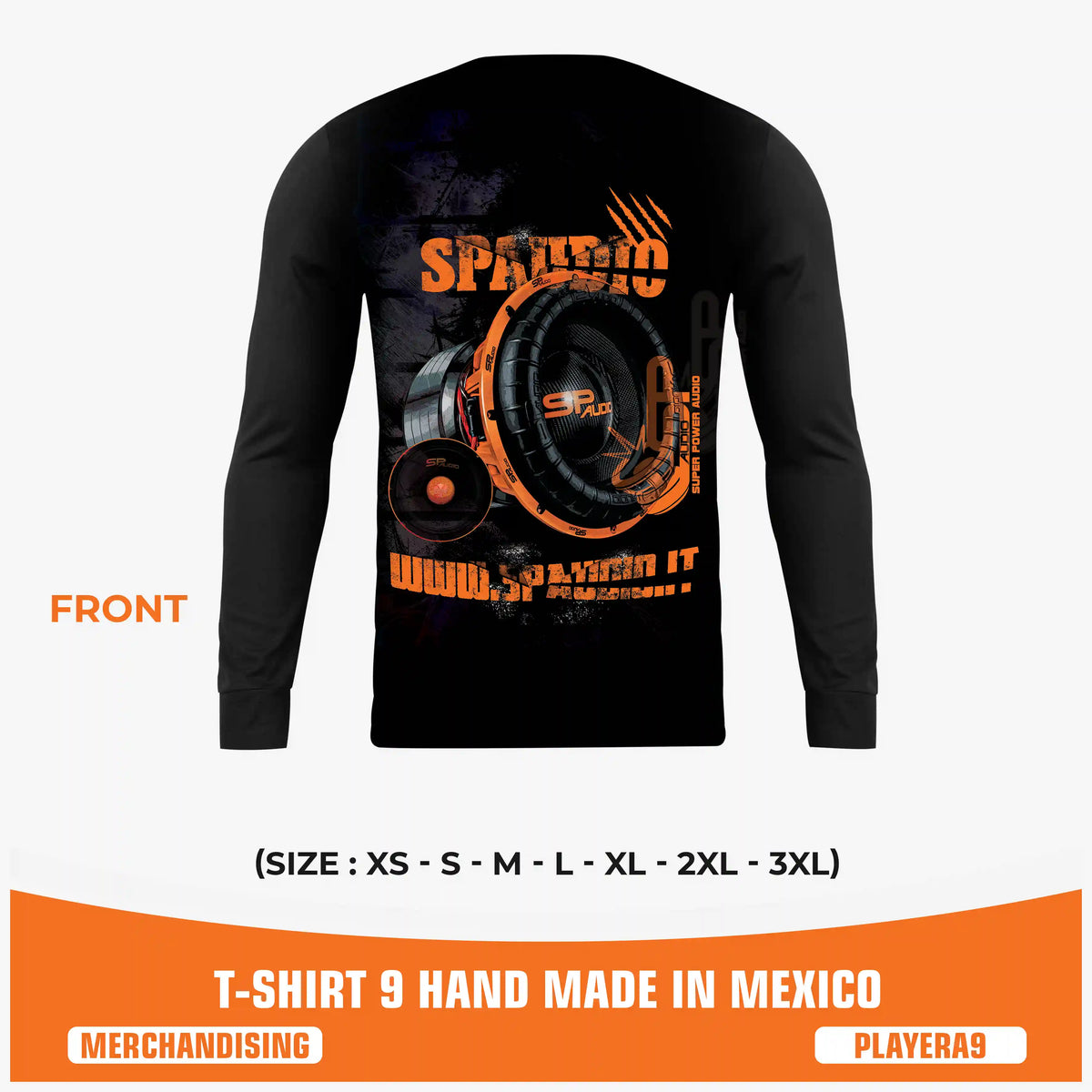 SPAUDIO T-SHIRT 9 เสื้อยืดเครื่องเสียงรถยนต์สีดำแขนยาว พิมพ์ลายทั้งตัวลายซับวูฟเฟอร์ – SP Audio – ด้านหน้า