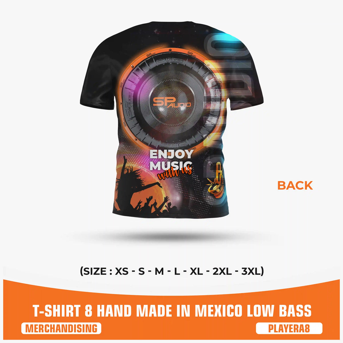 SPAUDIO T-SHIRT 8 เสื้อยืดเครื่องเสียงรถยนต์สีม่วงและสีดำ พิมพ์ลายทั้งตัวลายซับวูฟเฟอร์ "Low Bass" – SP Audio – ด้านหลัง