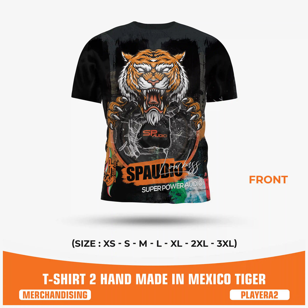 SPAUDIO T-SHIRT 2 เสื้อยืดเครื่องเสียงรถยนต์สีดำ พิมพ์ลายทั้งตัวลายเสือและซับวูฟเฟอร์ – SP Audio – ด้านหน้า