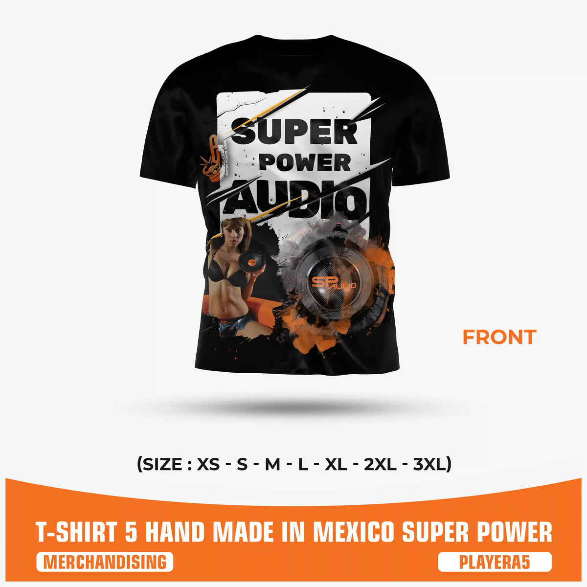 SPAUDIO T-SHIRT 5 เสื้อยืดเครื่องเสียงรถยนต์สีดำ พิมพ์ลายทั้งตัวลาย "Super Power Audio" – SP Audio – ด้านหน้า