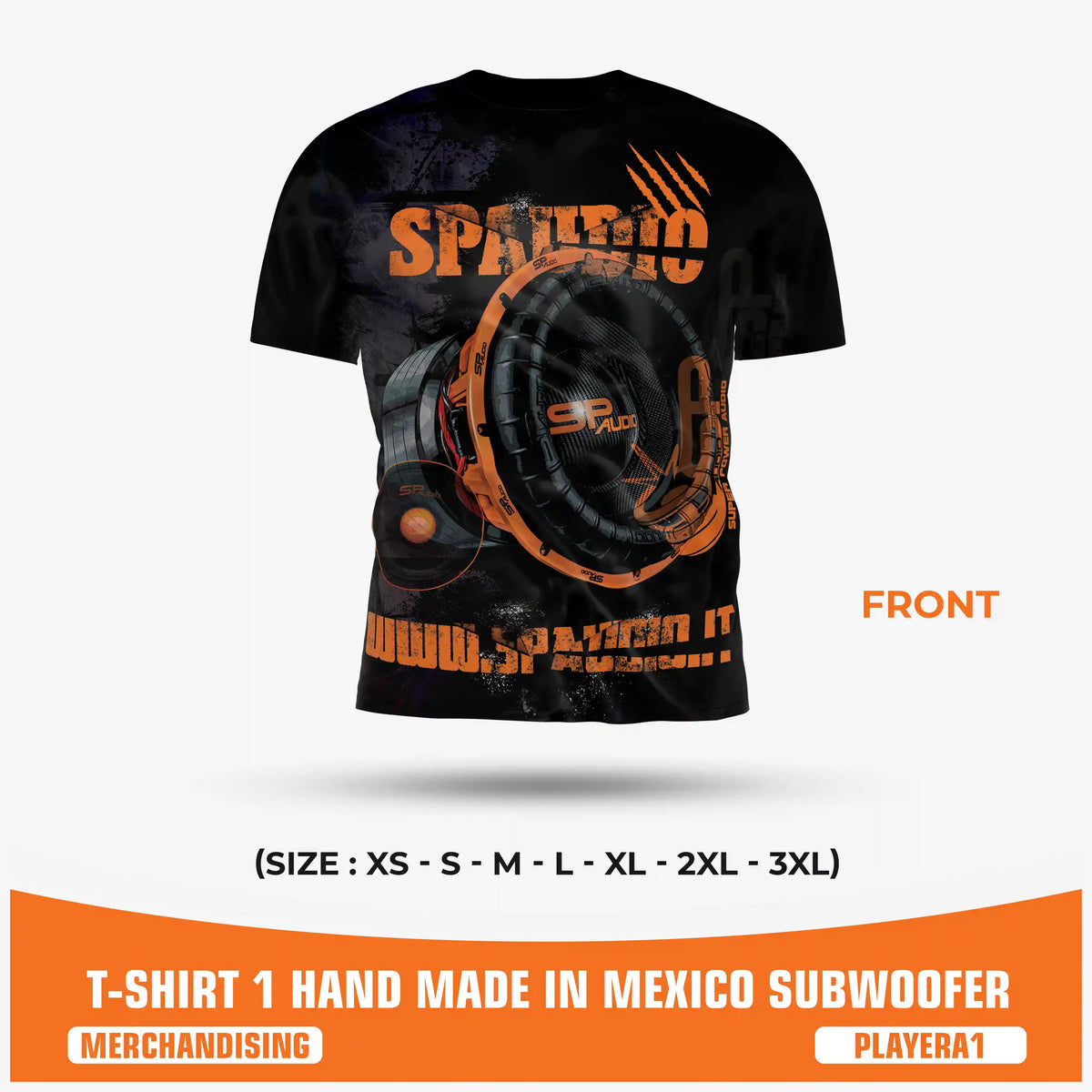 SPAUDIO T-SHIRT 1 เสื้อยืดเครื่องเสียงรถยนต์สีดำ พิมพ์ลายทั้งตัวลายซับวูฟเฟอร์ – SP Audio – ด้านหน้า