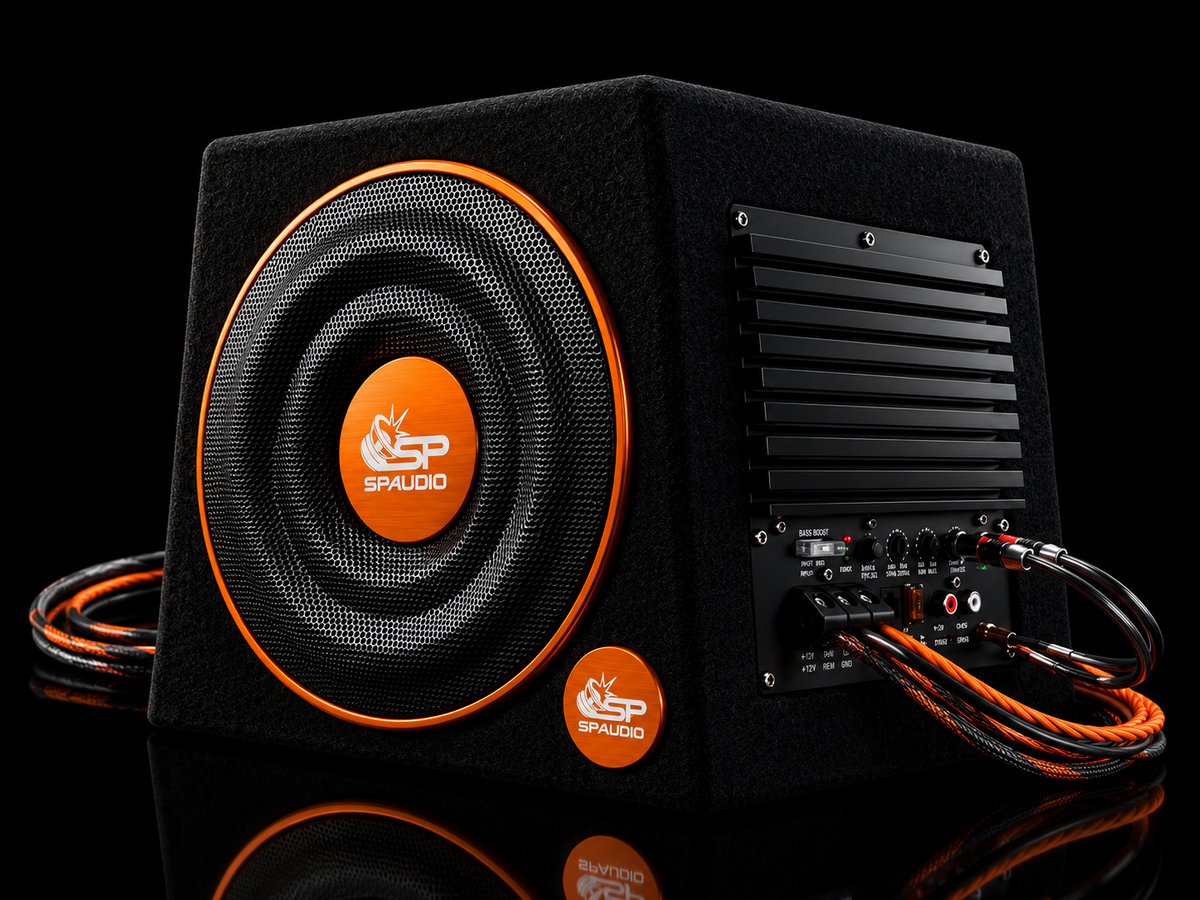 SP-8ACT active subwoofer in a dark studio: 8 inch woofer with orange trim, built-in amplifier panel and orange cables