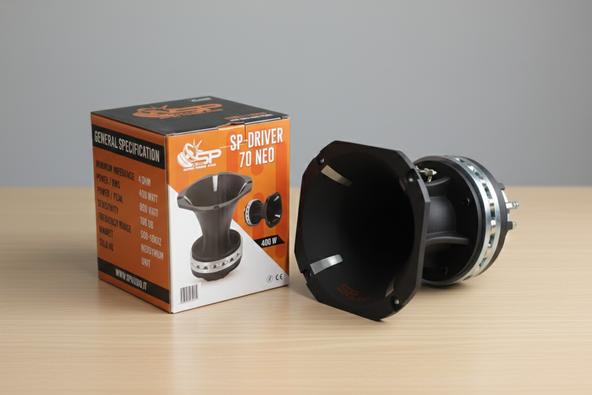SP DRIVER 70 NEO complete compression driver with horn next to its box