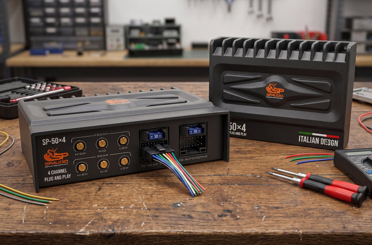 SP-50x4 plug and play amplifier with the 16-pin harness connected on a workshop bench