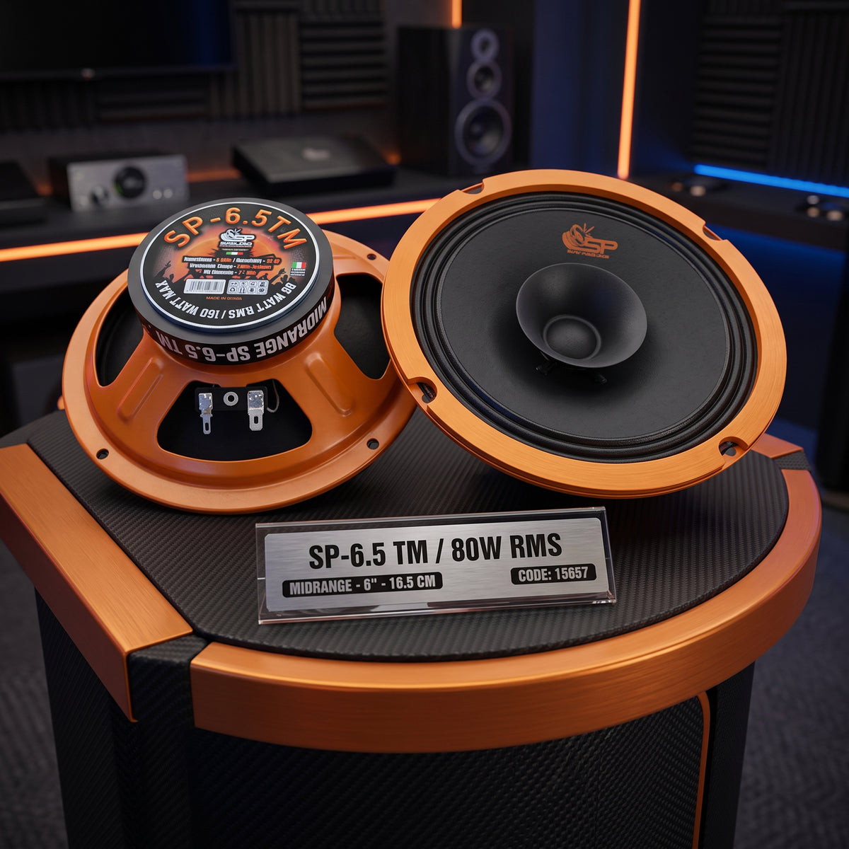 SP-6.5TM midrange pair on a display pedestal, 80 W RMS